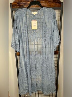 Rebellion Again Steel Blue Embroidered Sheer Kimono NWT